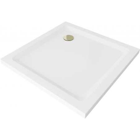 Mexen Flat brodzik kwadratowy slim 90 x 90 cm, biały, syfon złoty - 40109090G