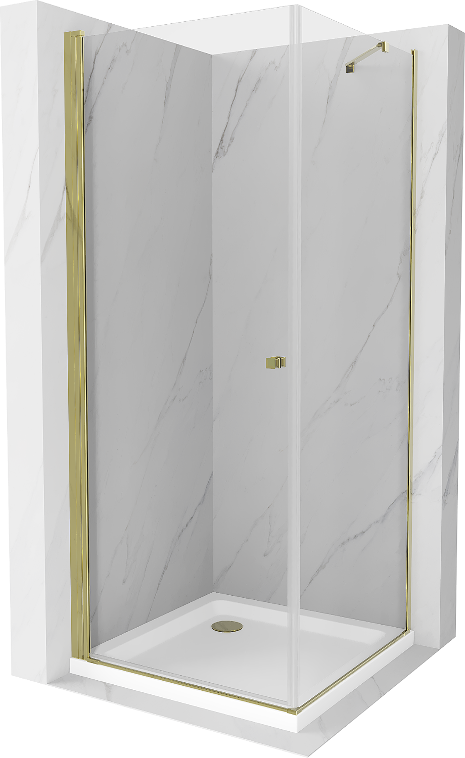 Mexen Pretoria kabina prysznicowa uchylna 90 x 90 cm, transparent, złota + brodzik Flat - 852-090-090-50-00-4010
