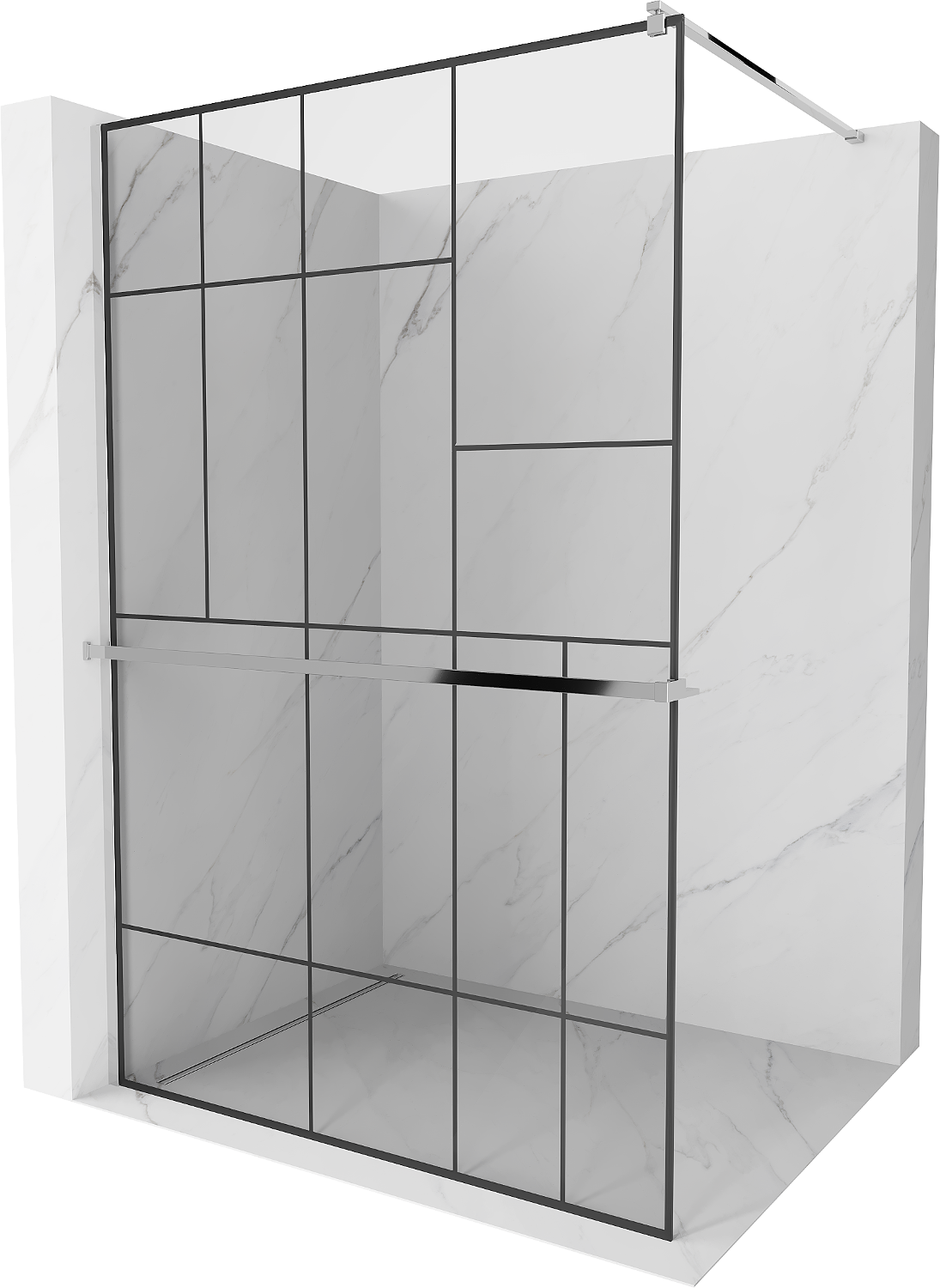 Mexen Kioto+ ścianka prysznicowa z półką i relingiem 130 x 200 cm, transparent/czarny wzór 8 mm, chrom - 800-130-121-01-78