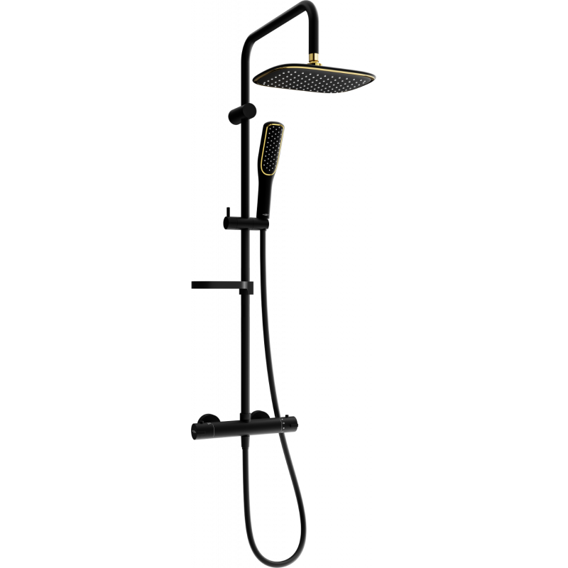 Mexen KX49 odkrytý sprchový set s dešťovou sprchovou hlavicí a termostatickou sprchovou baterií, Černá/Zlatá - 771504991-75