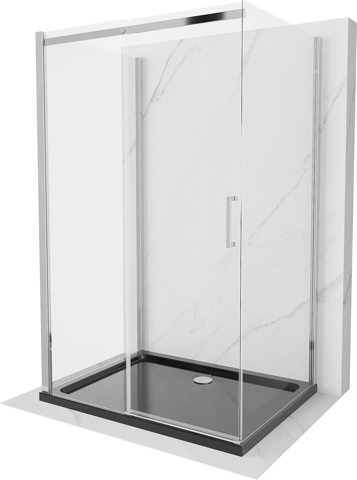Mexen Omega  třídílný sprchový kout, rozsouvací 130 x 90 cm, průhledné, Chromovaná + vanička do sprchového kouta Flat