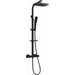 Mexen CQ49 odkrytý sprchový set s dešťovou sprchovou hlavicí a termostatickou sprchovou baterií, Černá/Zlatá - 772504995-75