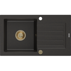Mexen Pablo zlewozmywak granitowy 1-komorowy z ociekaczem 752 x 436 mm, czarny/złoty metalik, syfon złoty - 6510751010-75-G