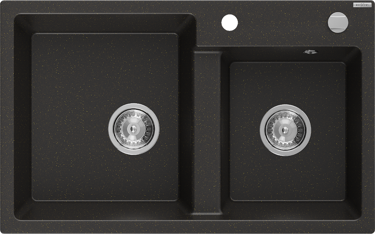Mexen Tomas zlewozmywak granitowy 2-komorowy 800 x 500 mm, czarny/złoty metalik, syfon chrom - 6516802000-75